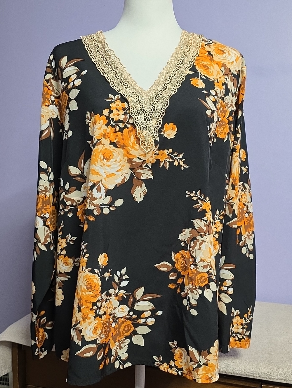 SHEIN Black Floral V-Neck Blouse with Beige‎ Lace Trim